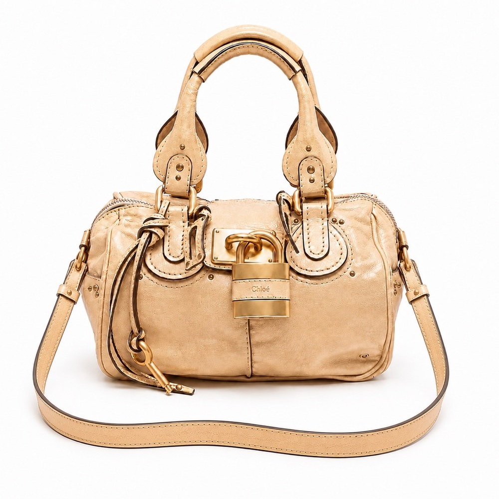 CHLOE PADDINGTON Beige Leather Satchel Crossbody Bag Removable Strap Lock & Key